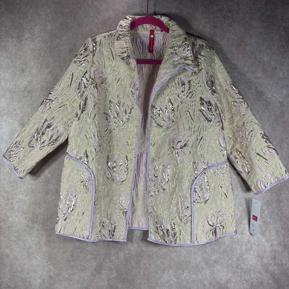 IC Collection Jacket Womens M Pink Gold Floral Brocade Metallic Quiet Luxury NEW